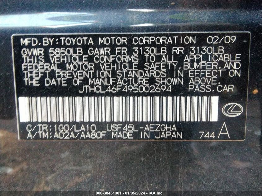 JTHCL46F495002694 2009 Lexus Ls 460