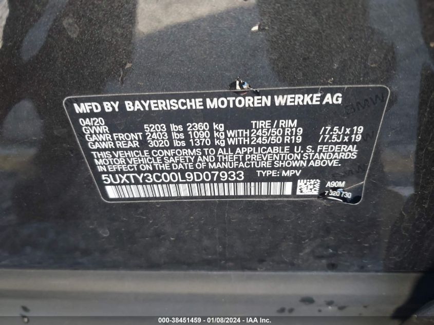 5UXTY3C00L9D07933 2020 BMW X3 Sdrive30I