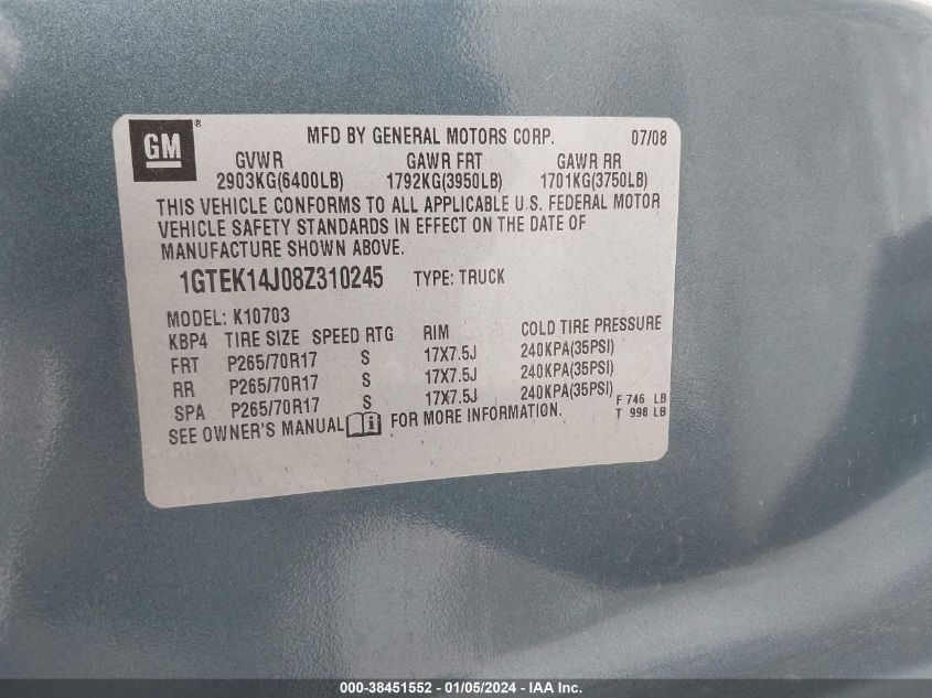 2008 GMC Sierra 1500 Sle1 VIN: 1GTEK14J08Z310245 Lot: 38451552