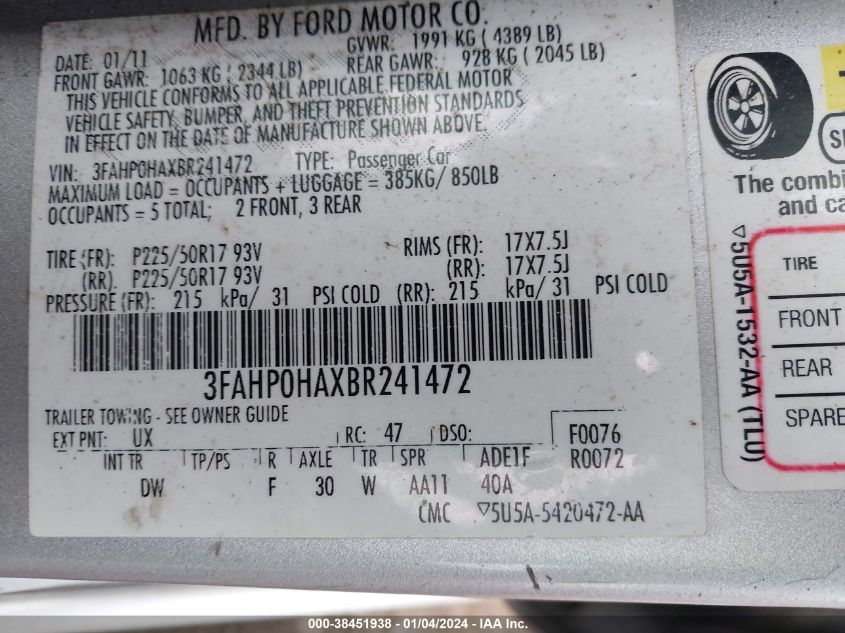 3FAHP0HAXBR241472 2011 Ford Fusion Se