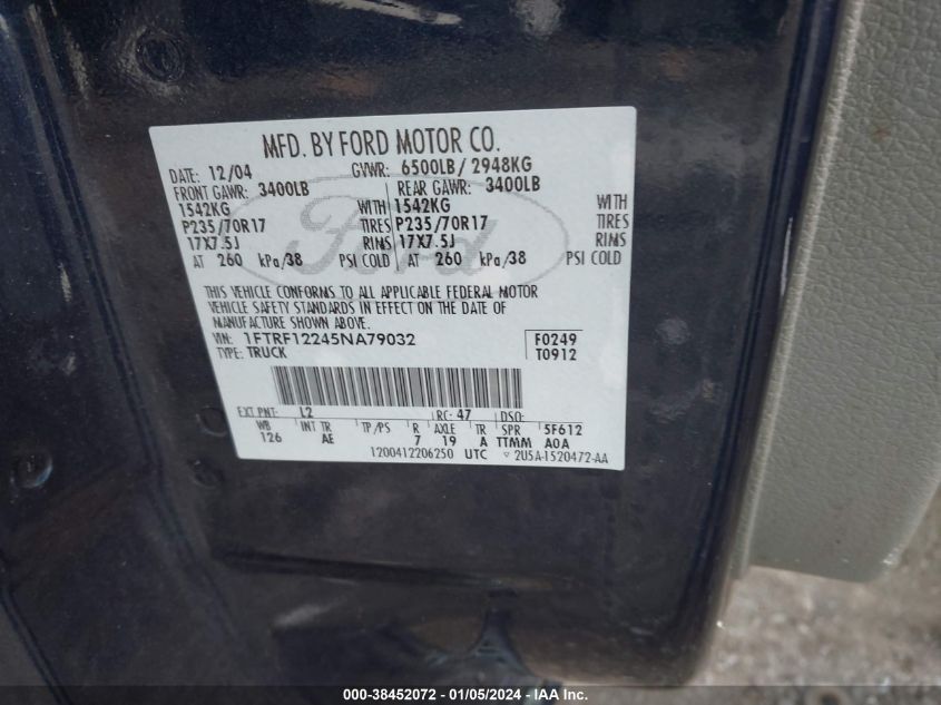 2005 Ford F150 VIN: 1F1RF12235NA79032 Lot: 38452072