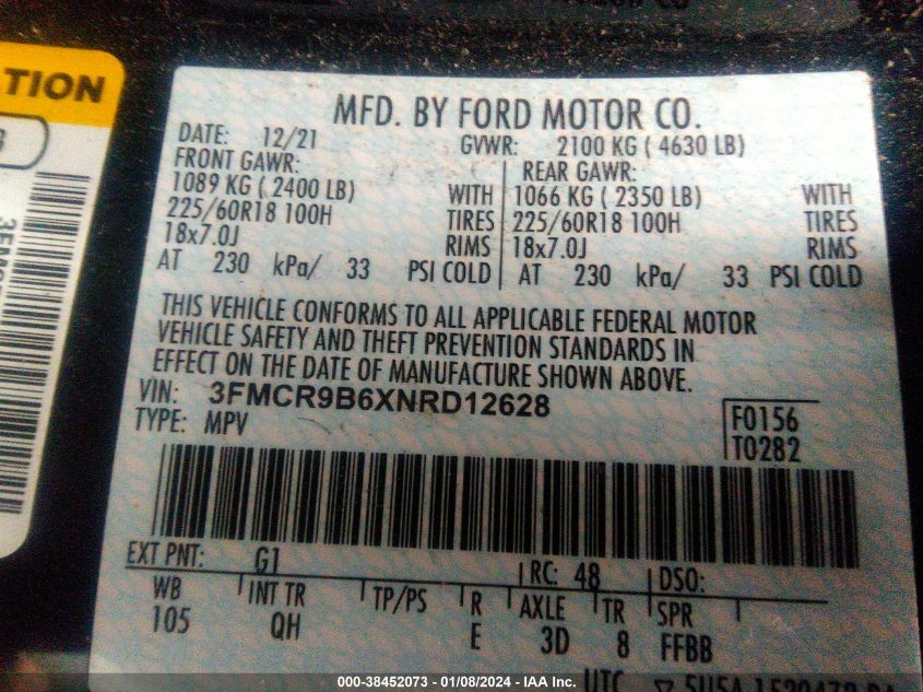 3FMCR9B6XNRD12628 2022 Ford Bronco Sport Big Bend