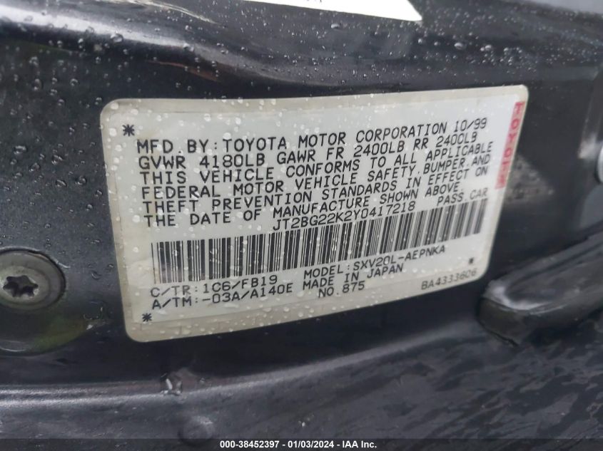 JT2BG22K2Y0417218 2000 Toyota Camry Le