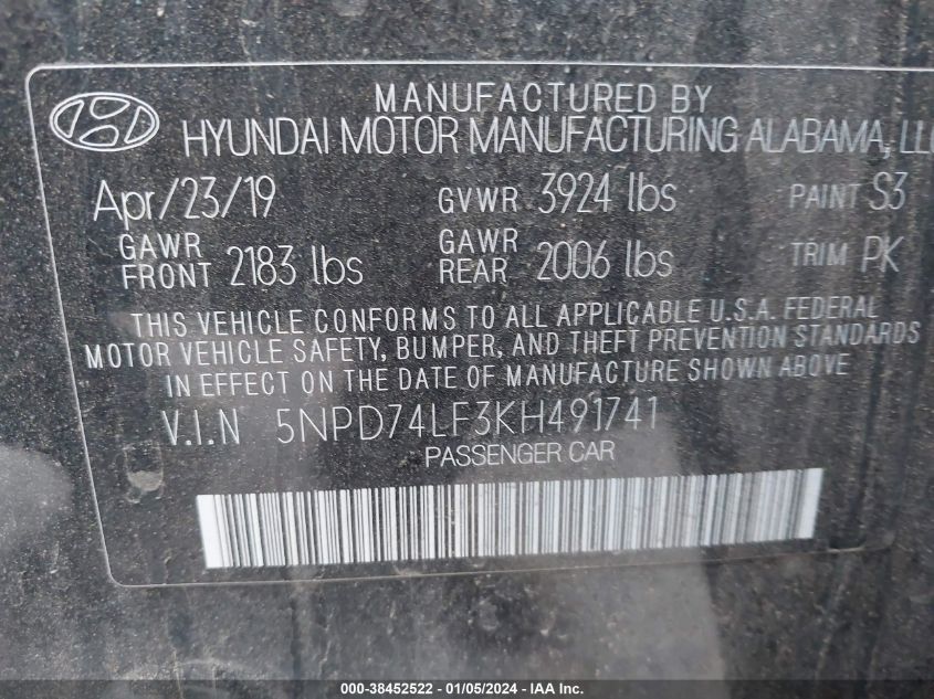 5NPD74LF3KH491741 2019 Hyundai Elantra Se