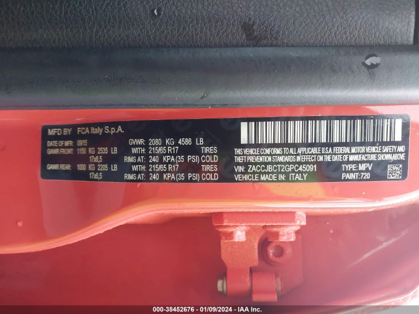2016 Jeep Renegade Trailhawk VIN: ZACCJBCT2GPC45091 Lot: 38452676