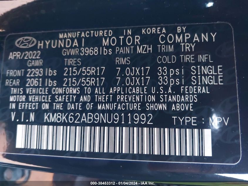 KM8K62AB9NU911992 2022 Hyundai Kona Sel