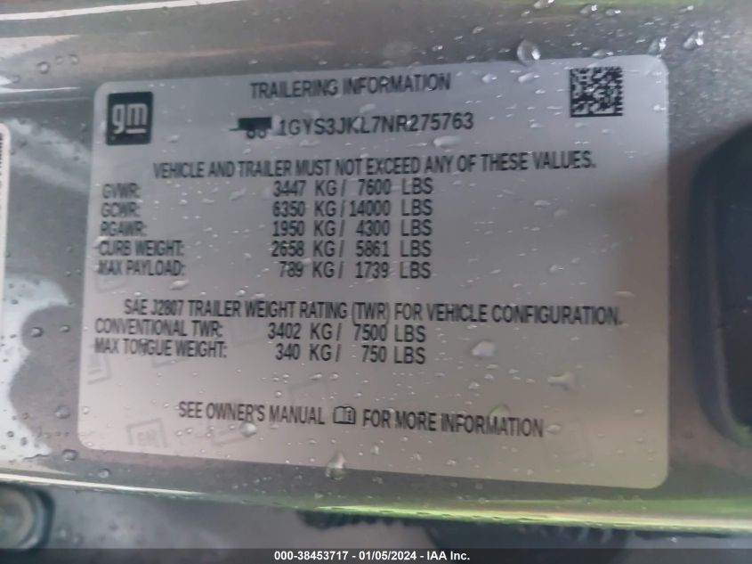 2022 Cadillac Escalade Esv 2Wd Luxury VIN: 1GYS3JKL7NR275763 Lot: 38453717