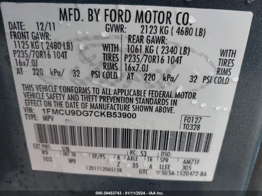 2012 Ford Escape Xlt VIN: 1FMCU9DG7CKB53900 Lot: 38453743