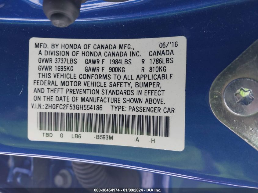 2HGFC2F53GH554186 2016 Honda Civic Lx