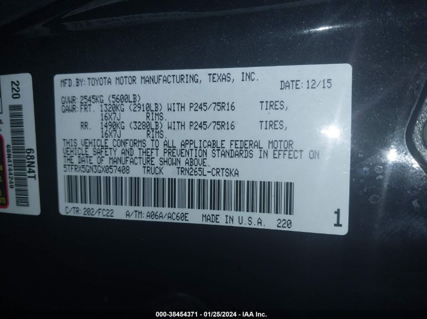 5TFRX5GN3GX057408 2016 Toyota Tacoma Sr5