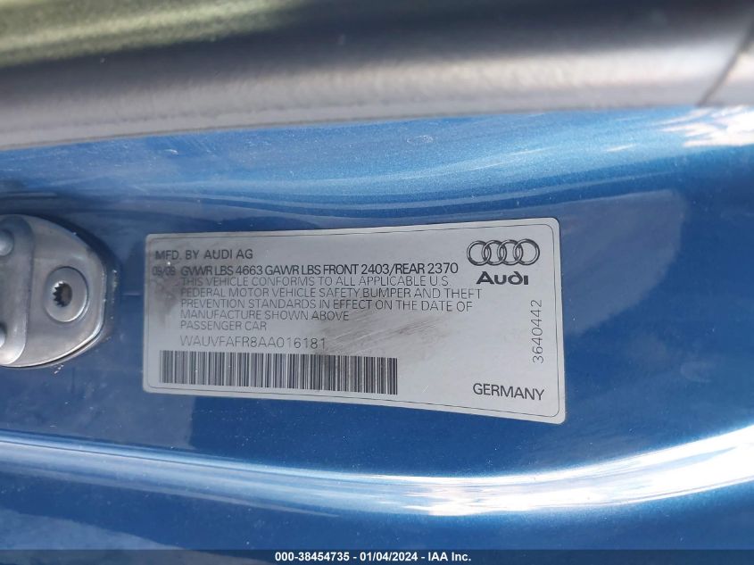 2010 Audi A5 2.0T Premium VIN: WAUVFAFR8AA016181 Lot: 38454735