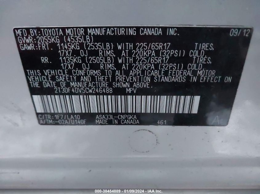 2T3DF4DV5CW246488 2012 Toyota Rav4 Limited