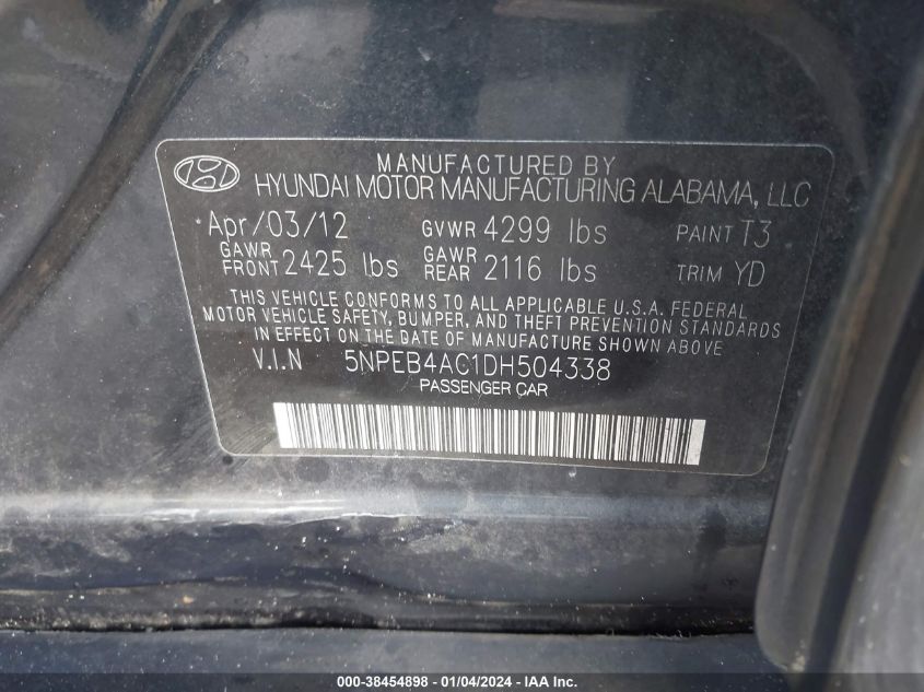 5NPEB4AC1DH504338 2013 Hyundai Sonata Gls