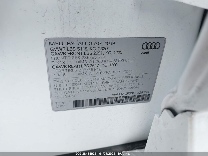 WA1AECF33L1028733 2020 Audi Q3 Premium 45 Tfsi Quattro Tiptronic