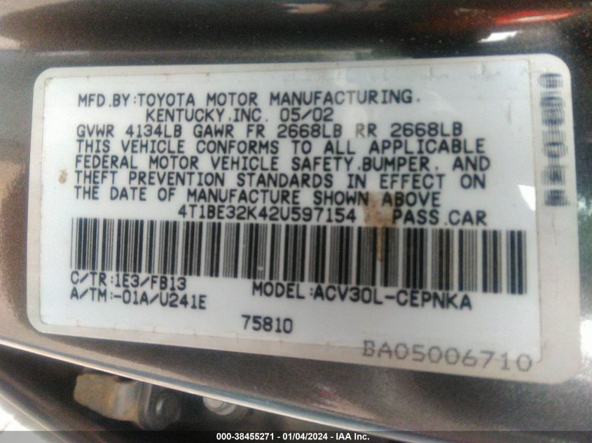 4T1BE32K42U597154 2002 Toyota Camry Le