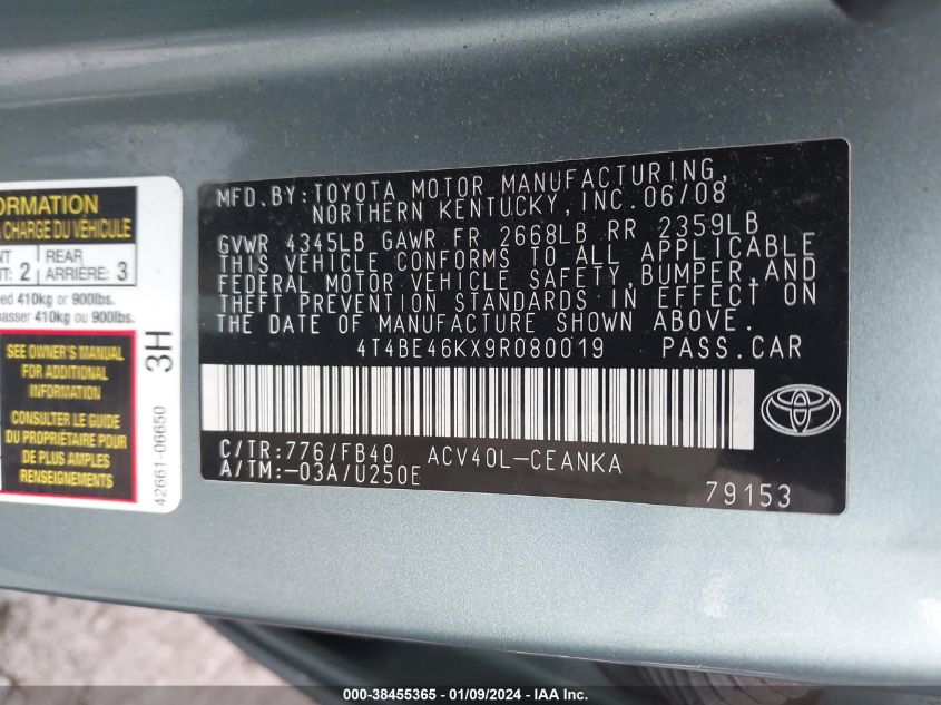 4T4BE46KX9R080019 2009 Toyota Camry Le