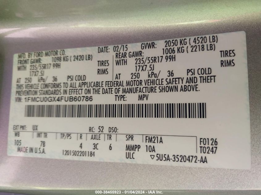 1FMCU0GX4FUB60786 2015 Ford Escape Se