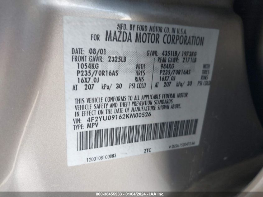 4F2YU09162KM00526 2002 Mazda Tribute Es/Lx