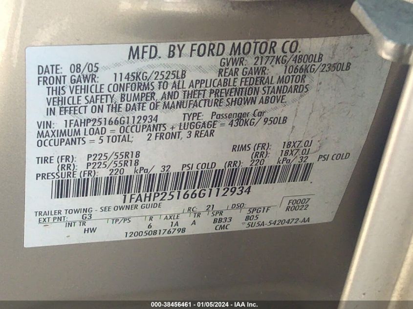 1FAHP25166G112934 2006 Ford Five Hundred Limited