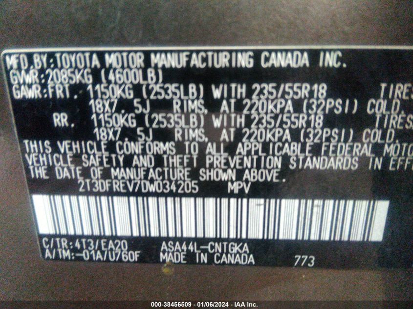 2T3DFREV7DW034205 2013 Toyota Rav4 Limited