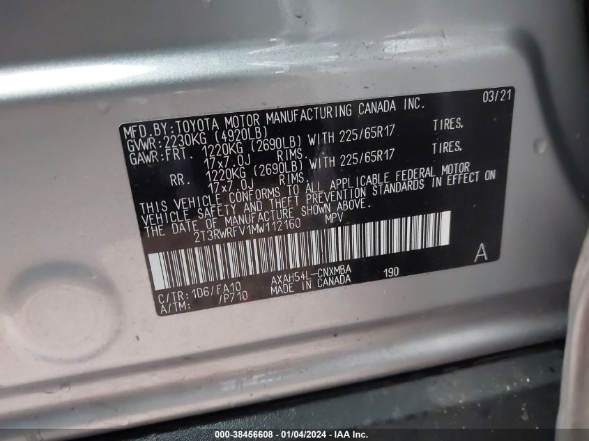 2T3RWRFV1MW112160 2021 Toyota Rav4 Xle Hybrid