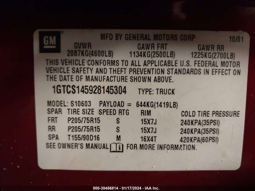 1GTCS145928145304 2002 GMC Sonoma Sl