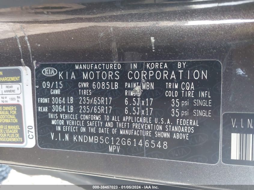 KNDMB5C12G6146548 2016 Kia Sedona Lx