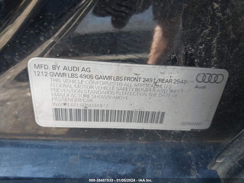 WAUFFAFL5DN034912 2013 Audi A4 2.0T Premium