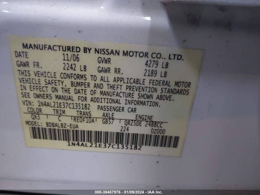 1N4AL21E37C135182 2007 Nissan Altima 2.5 S