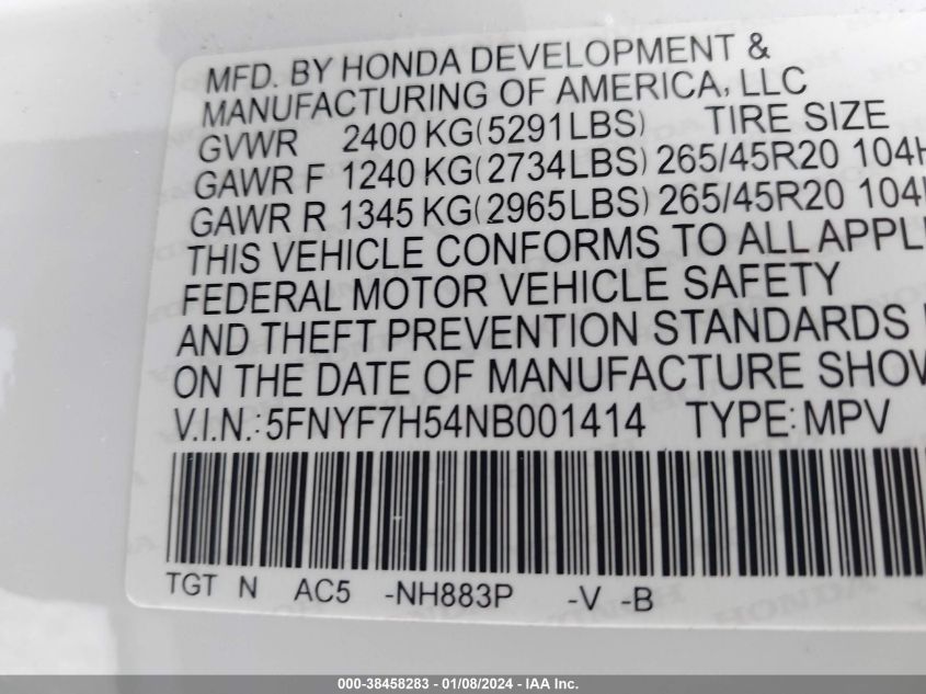 5FNYF7H54NB001414 2022 Honda Passport 2Wd Ex-L