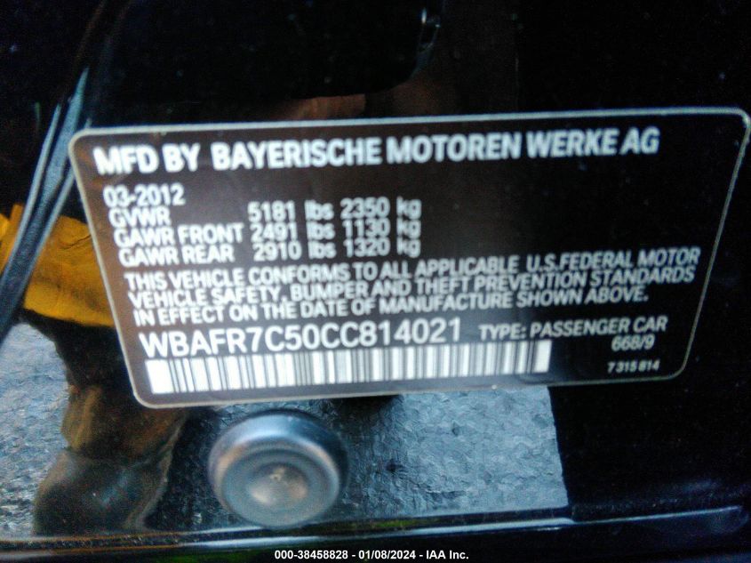 2012 BMW 535I VIN: WBAFR7C50CC814021 Lot: 38458828