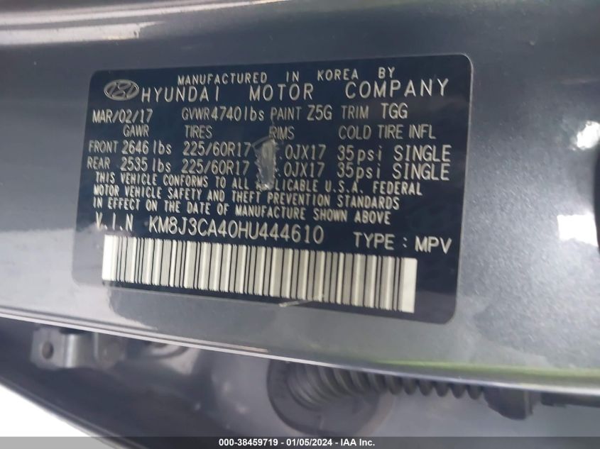 KM8J3CA40HU444610 2017 Hyundai Tucson Se