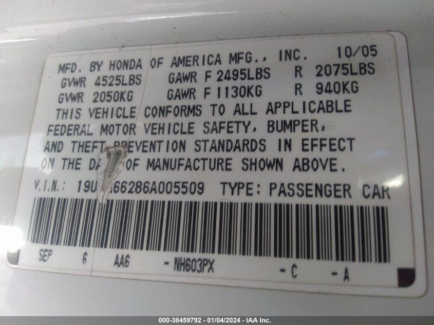 19UUA66286A005509 2006 Acura Tl