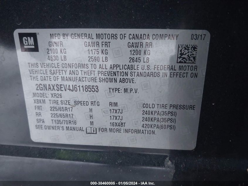 2GNAXSEV4J6118553 2018 Chevrolet Equinox Lt