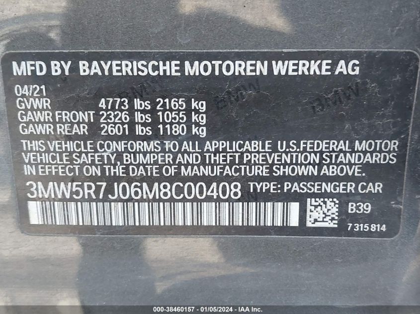 2021 BMW 330I xDrive VIN: 3MW5R7J06M8C00408 Lot: 38460157