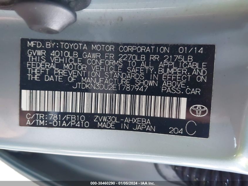 2014 Toyota Prius Two VIN: JTDKN3DU2E1787947 Lot: 38460290