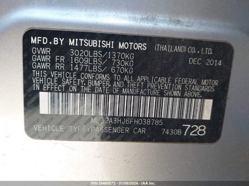 ML32A3HJ6FH038785 2015 Mitsubishi Mirage De/Rf