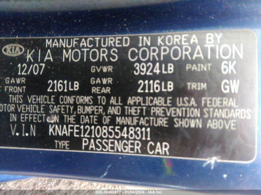 KNAFE121085548311 2008 Kia Spectra Ex