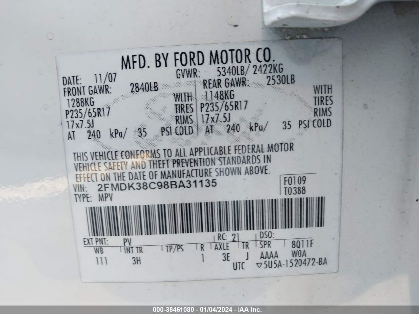 2FMDK38C98BA31135 2008 Ford Edge Sel