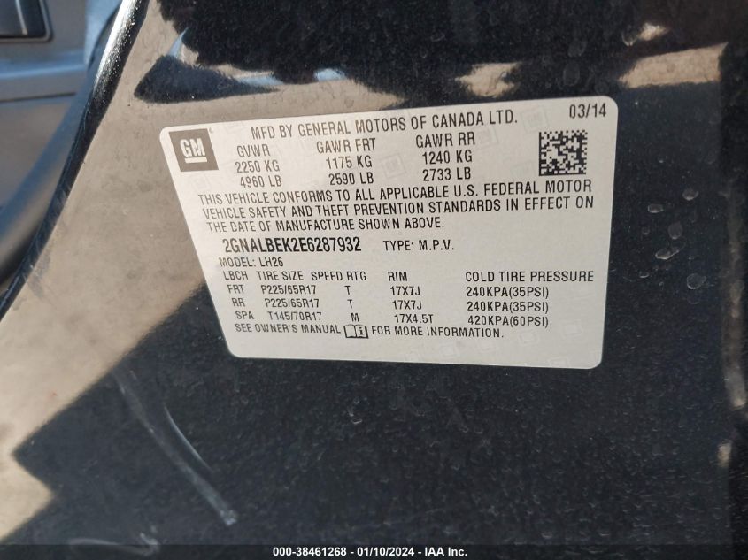 2GNALBEK2E6287932 2014 Chevrolet Equinox 1Lt