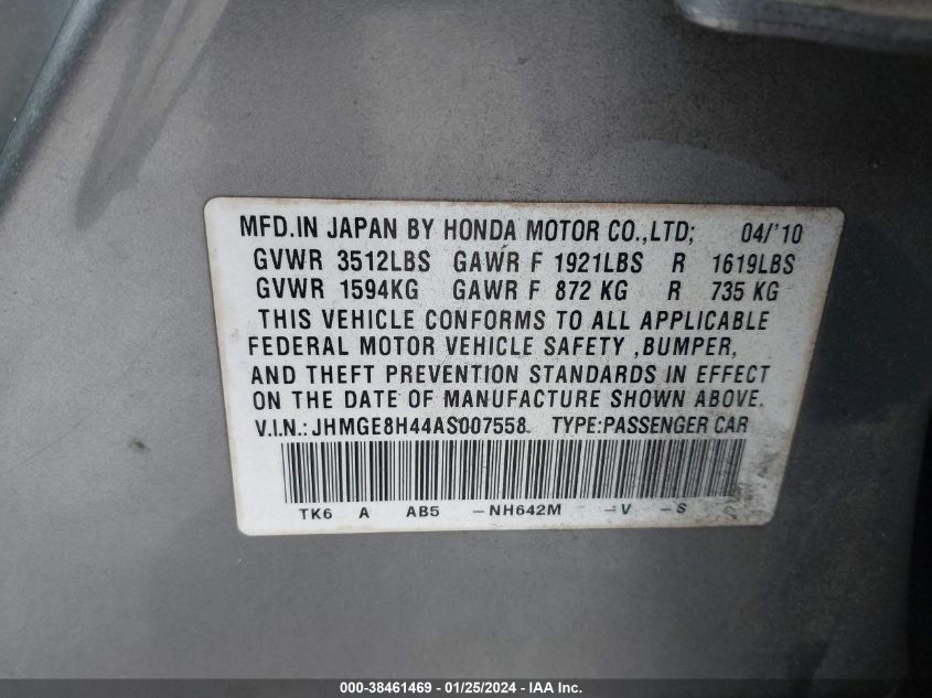 JHMGE8H44AS007558 2010 Honda Fit Sport