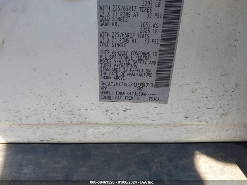 2019 Nissan Rogue S VIN: 5N1AT2MT7KC709873 Lot: 39249888