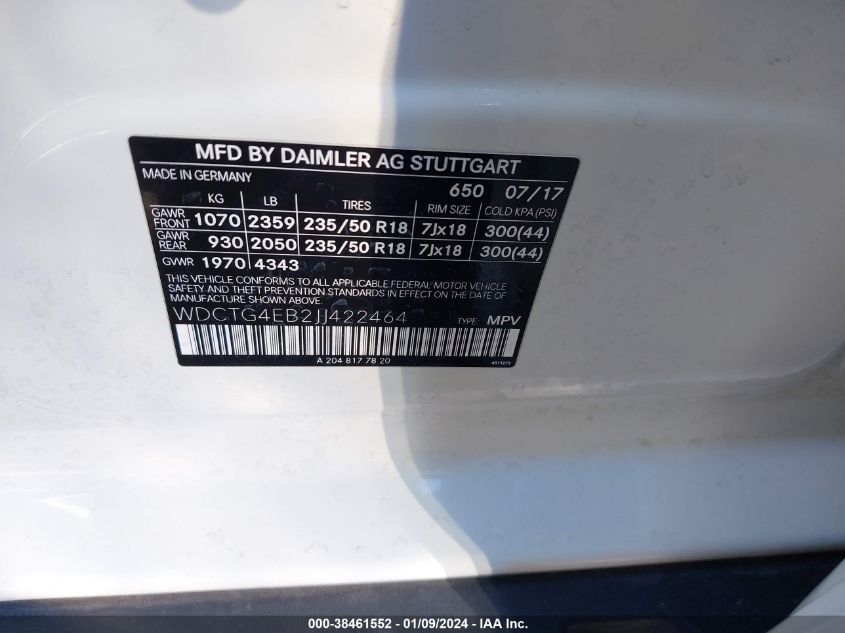 WDCTG4EB2JJ422464 2018 Mercedes-Benz Gla 250