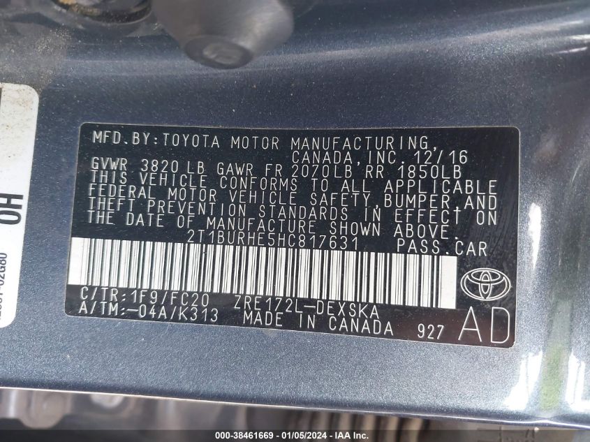 2T1BURHE5HC817631 2017 Toyota Corolla Se