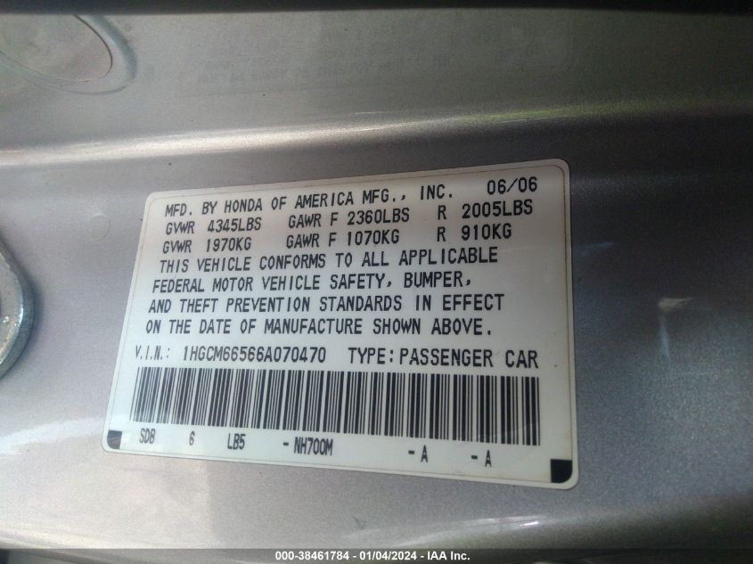 2006 Honda Accord 3.0 Ex VIN: 1HGCM66566A070470 Lot: 38461784