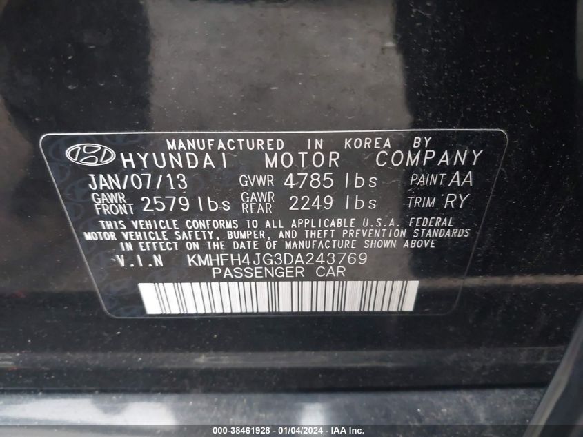 KMHFH4JG3DA243769 2013 Hyundai Azera