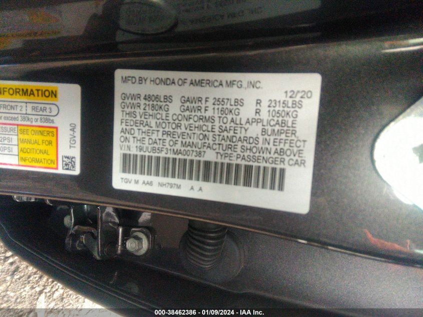 19UUB5F31MA007387 2021 Acura Tlx Standard