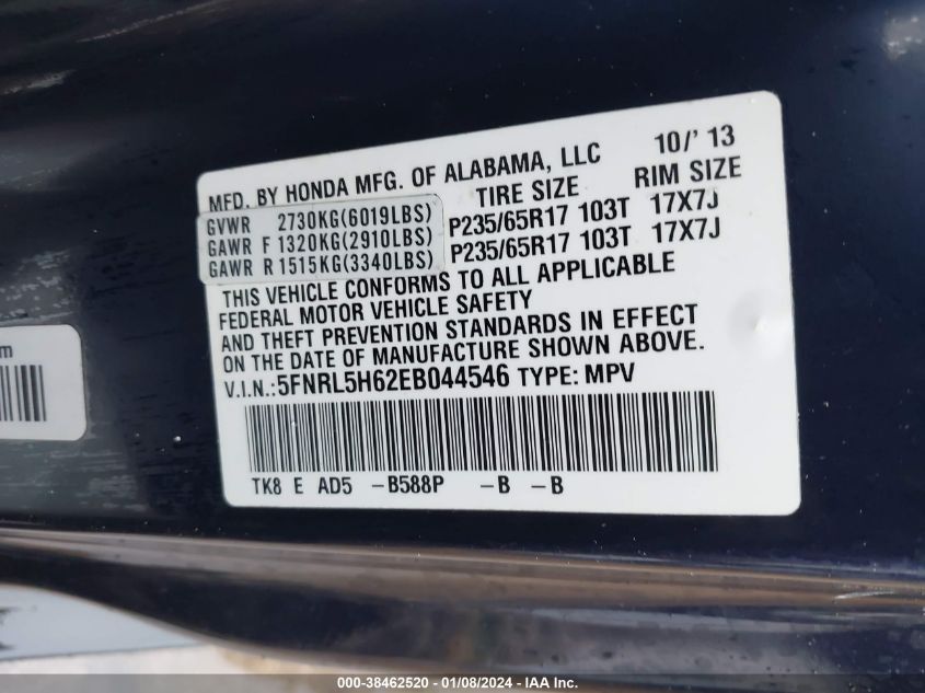 2014 Honda Odyssey VIN: 5FNRLH62EB044546 Lot: 38462520