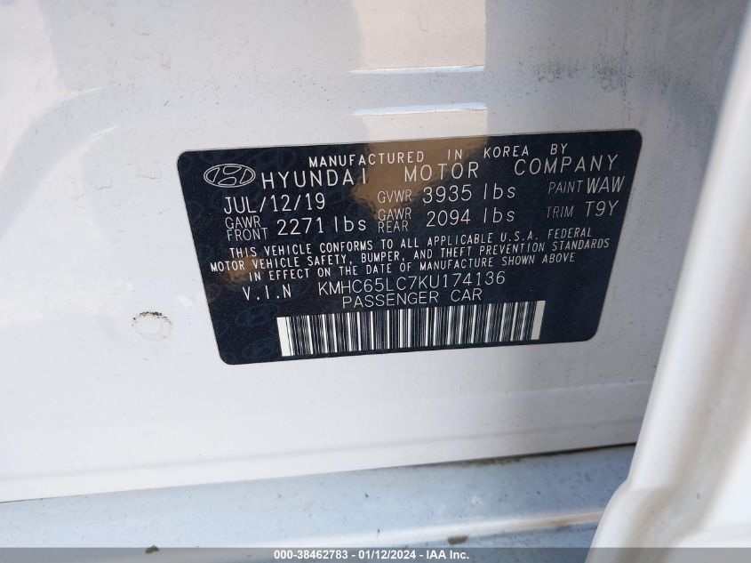 KMHC65LC7KU174136 2019 Hyundai Ioniq Hybrid Blue