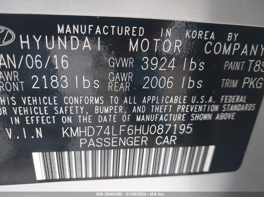 KMHD74LF6HU087195 2017 Hyundai Elantra Se